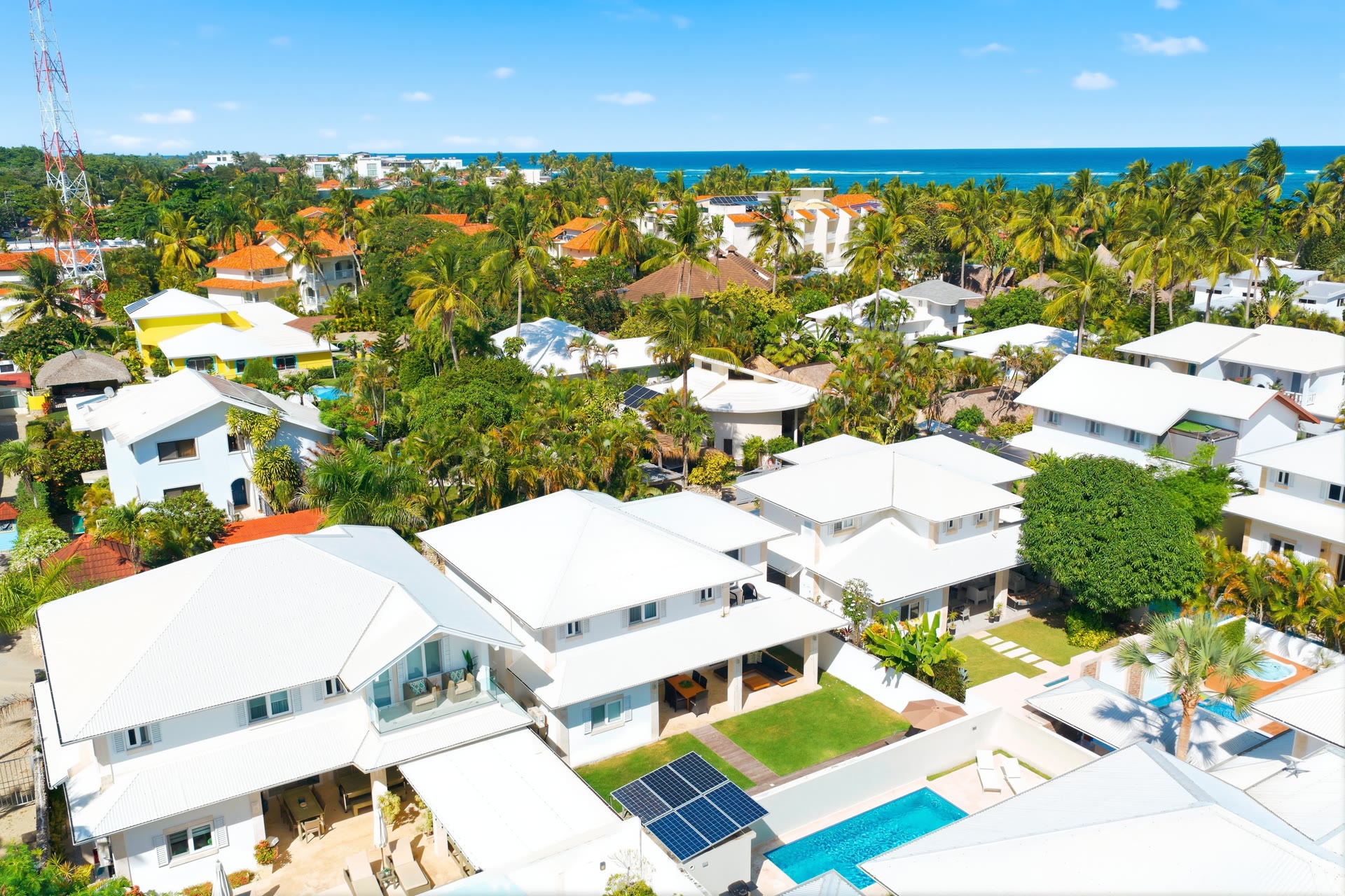 Aerial view of beachfront villas in Cabarete